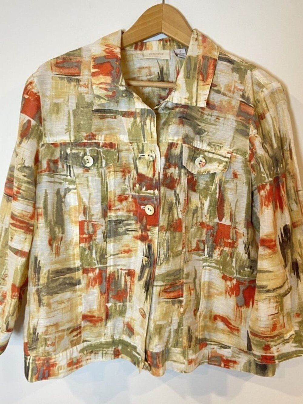 Chico's Jacket Linen Nylon Blend Green Orange Cream Size 2 L